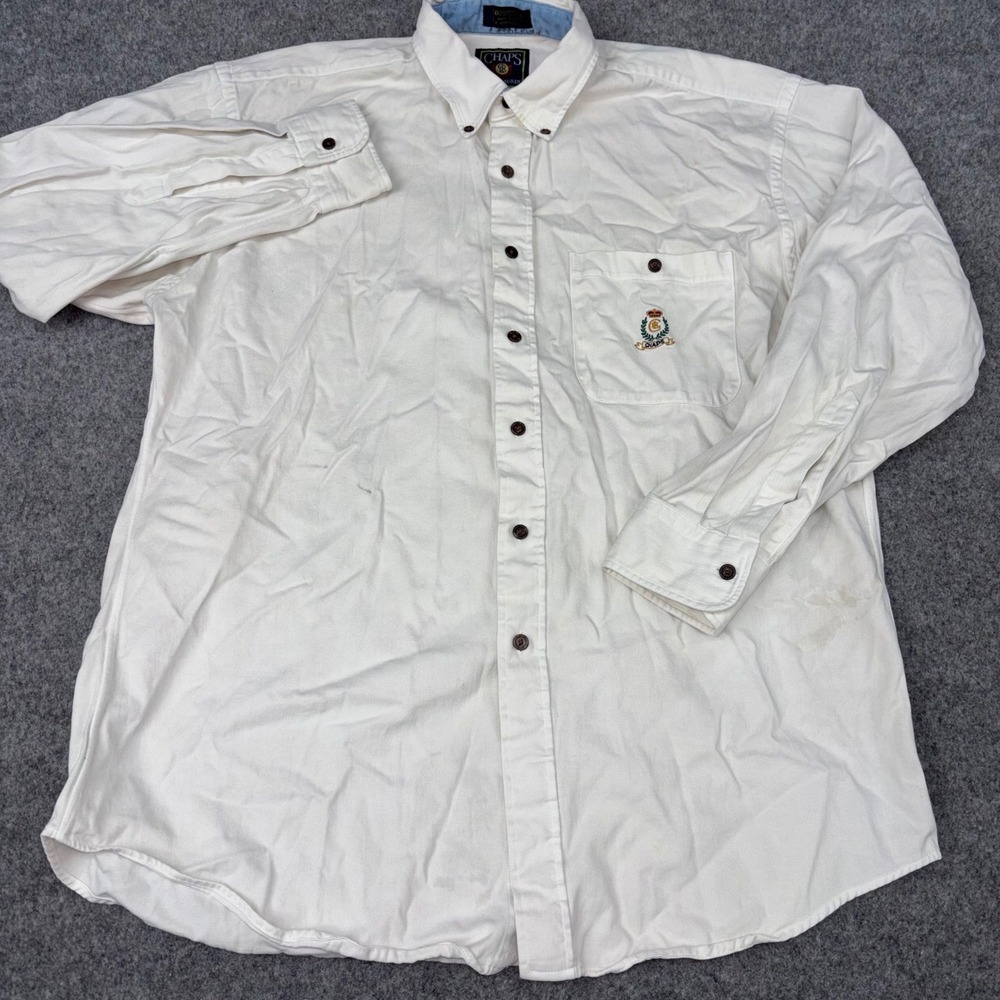 Chaps Ralph Lauren Button Down Shirt Mens Large White Long Sleeve Crest Logo Vtg